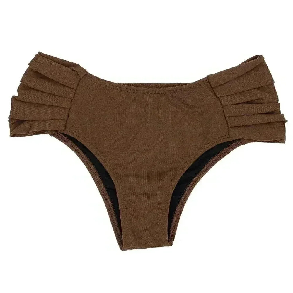 Brown‎ Pleated Bikini Bottom Small Cheeky Brief Swimsuit Bottoms Summer Beach